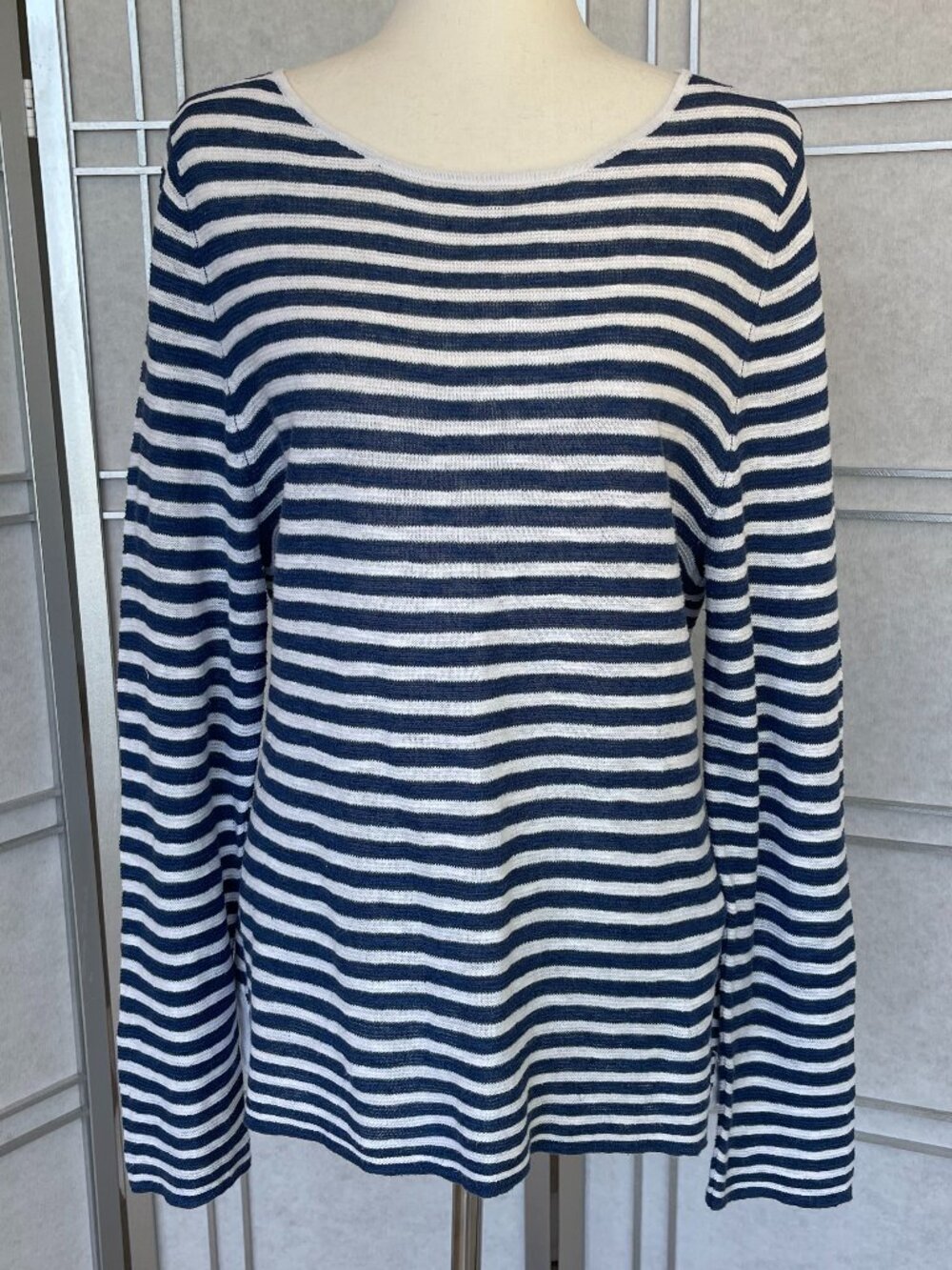 Eileen Fisher White/Blue Striped Organic Linen Tunic sz L